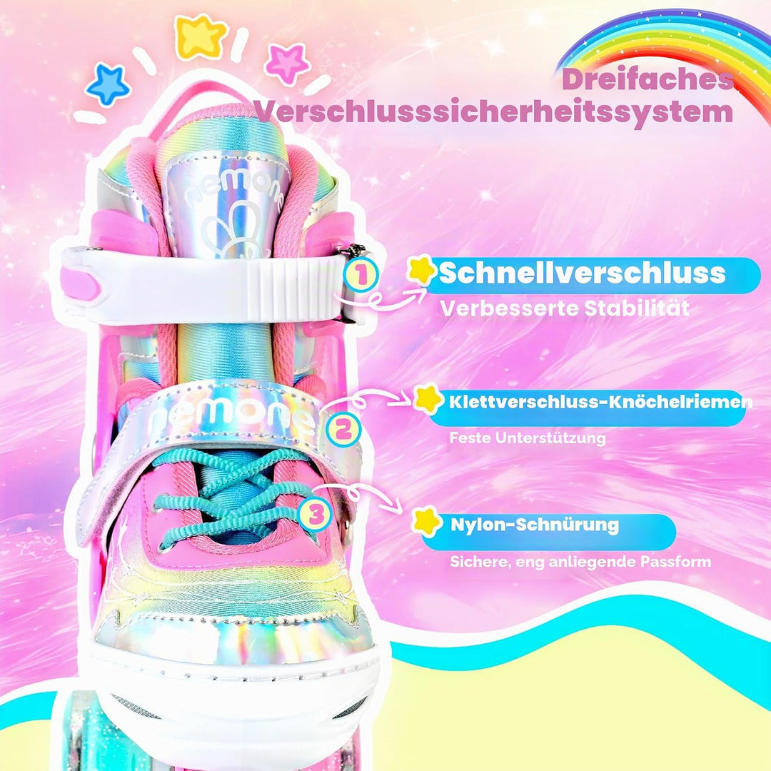 NEMONE Rollschuhe für Mädchen Kinder 4 Grössen Verstellbar Blau Violett Rollschuhe für Kinder Drinne