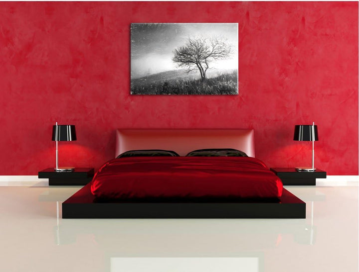 Pixxprint Baum in Landschaft Kohle Effekt, Format: 100x70 auf Leinwand, 100x70