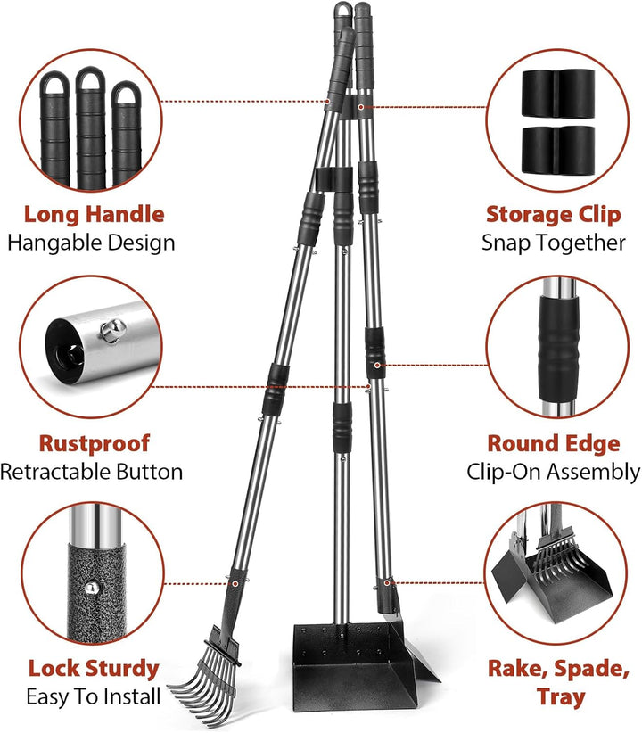 Hundekotschaufel Set mit 96cm langem Griff – Abnehmbares Metalltablett, Rechen & Spaten für grosse,