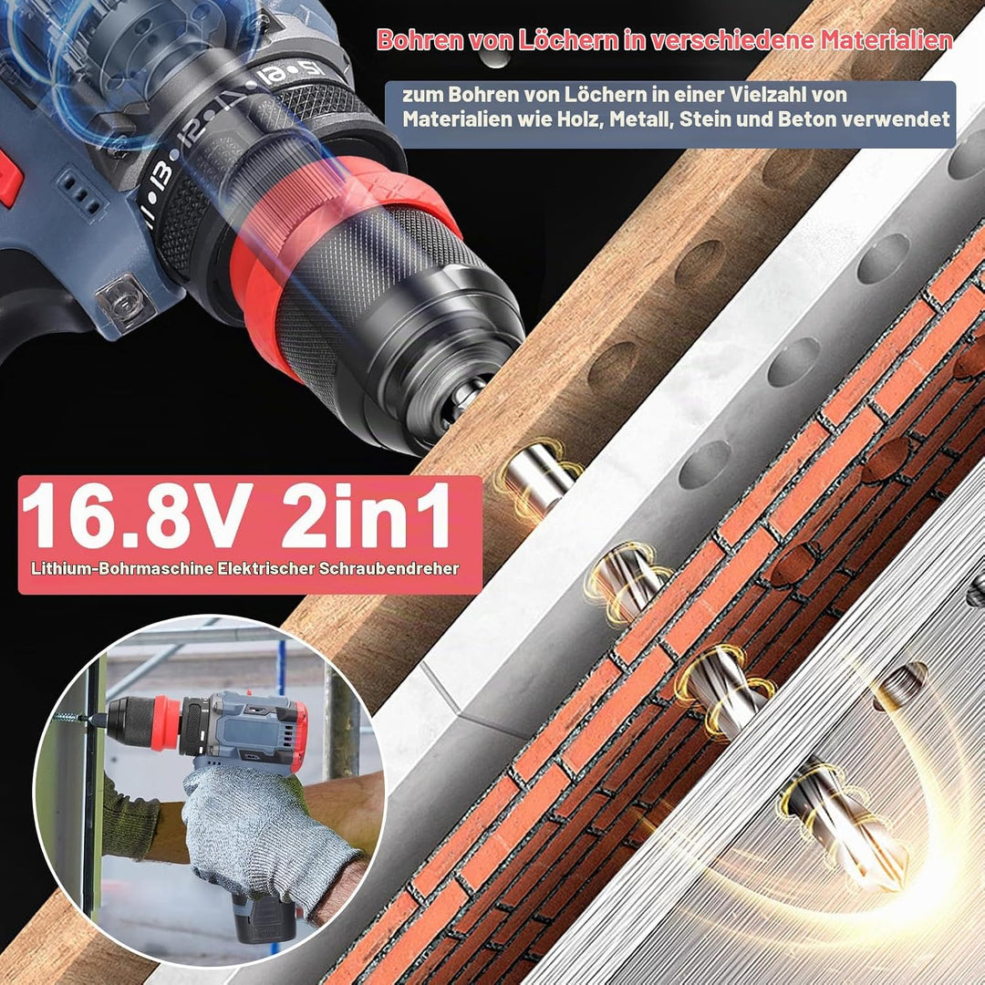 Weytoll 16,8V Akku-Bohrschrauber, Akkuschrauber, 2 * 1300-mAh-Akkus, max. 45 Nm, 21+1 Drehmomenteins