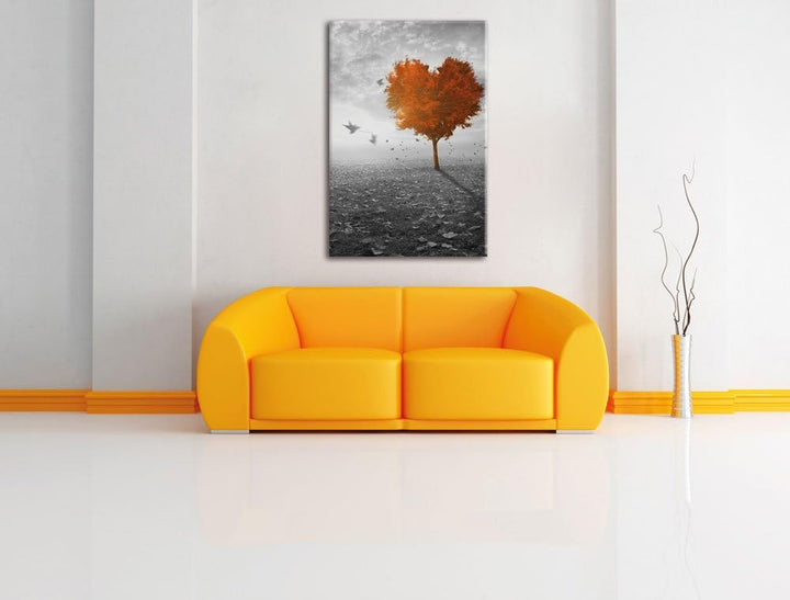 Pixxprint Roter Herzbaum im Herbst schwarz/weiss als Leinwandbild/Grösse: 100x70 cm/Wandbild/Kunstdr