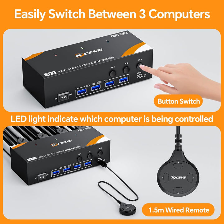 KVM Switch 3 PC 3 Monitore 8K@60Hz / 4K@144Hz, Displayport 1.4 HDMI 2.1 USB 3.0 KVM Switch Triple Mo