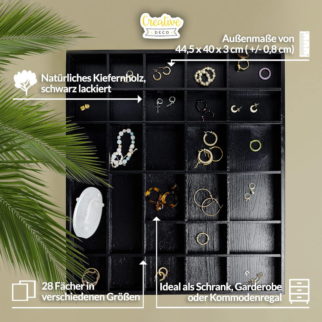 Creative Deco Schwarze Setzkasten Holz Sammelbox Holztablett 28 Fächer | 44,5 x 40 x 3 cm | Bemalen