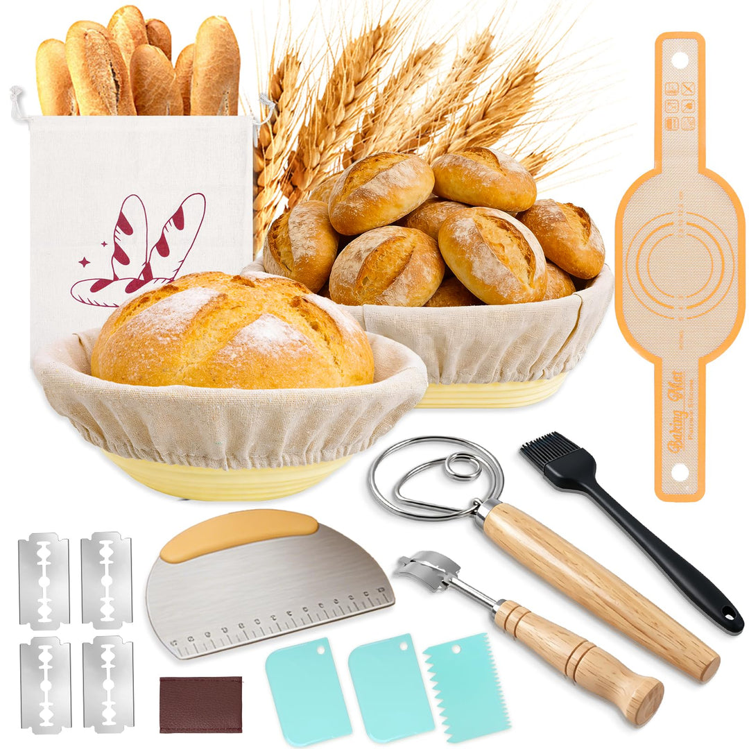 Sauerteig Starter Set,13-teilig Brotgärkorb -Set- aus Silikon，Komplettset Brot Backen Zubehör, Gesch