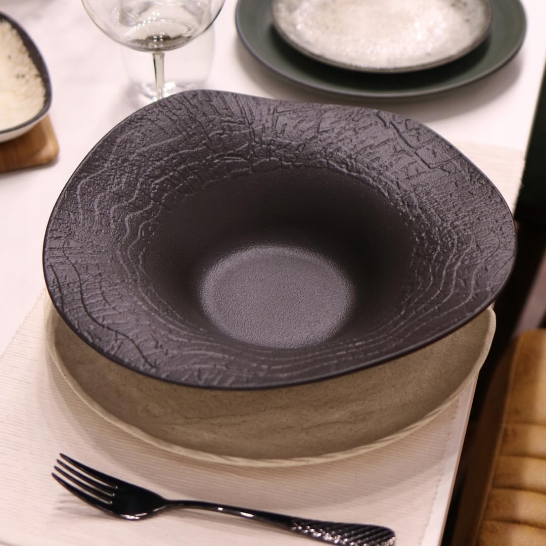Wilmax - Tiefe Schale - 1 Stück 30cm / 700 ml - Schwarze Pastateller - Natursteintextur - Für Pasta,