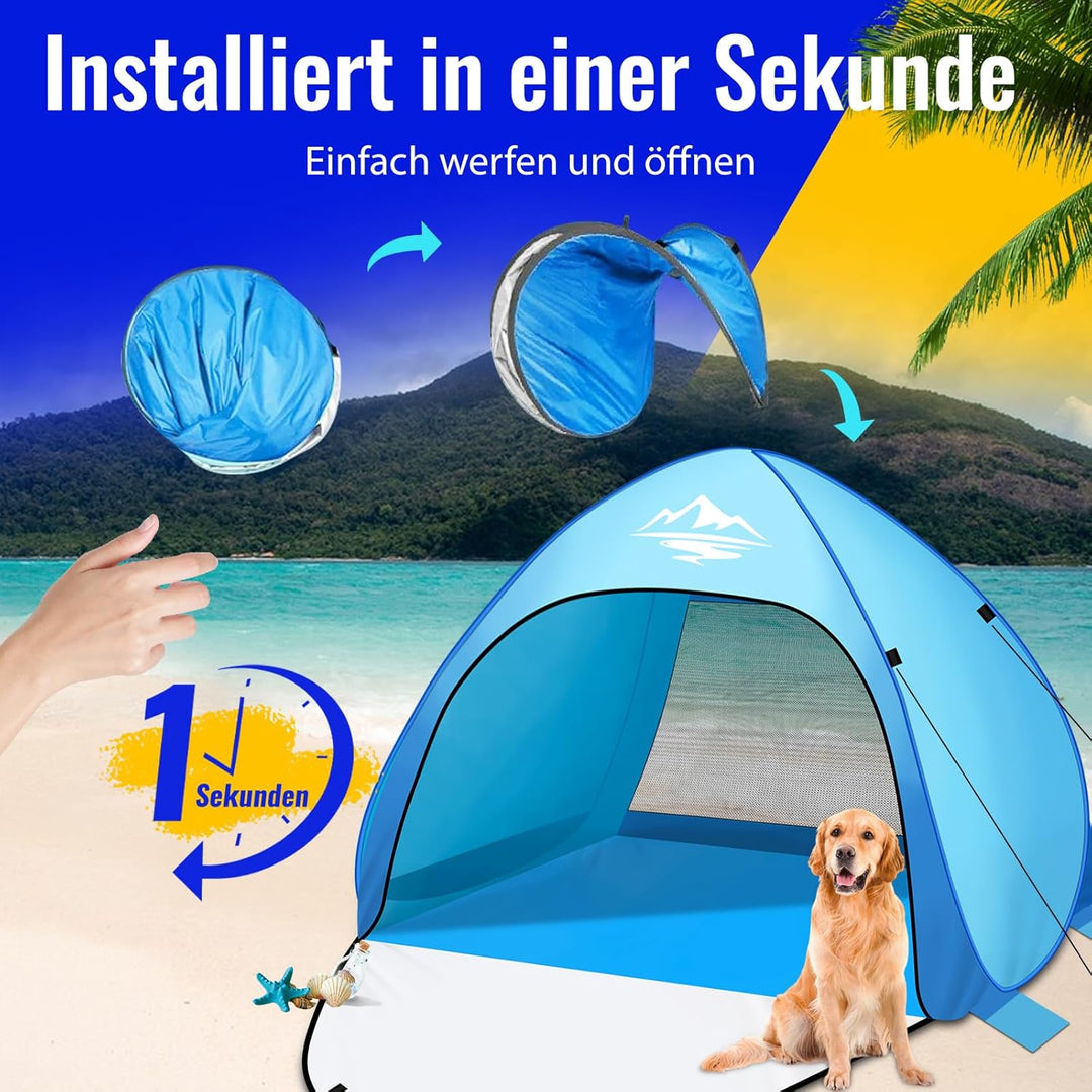 Strandmuschel Pop Up Strandzelt 3-4 Personen, Pop Up Strandmuschel mit Reissverschlusstür UV-Schutz