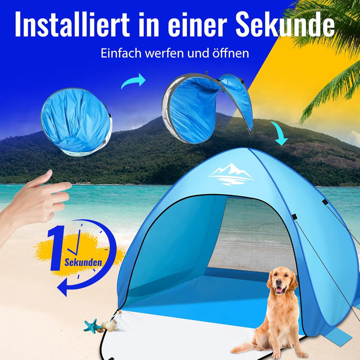 Strandmuschel Pop Up Strandzelt 3-4 Personen, Pop Up Strandmuschel mit Reissverschlusstür UV-Schutz