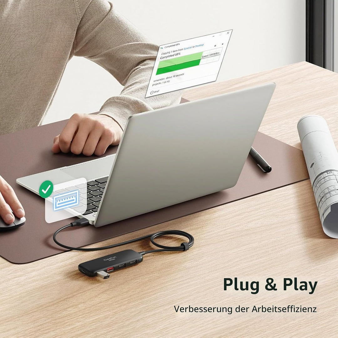Qeefun 10Gbps USB Hub, 3.2 USB Hub mit 2 USB-C und 2 USB-A, USB 3.2 GEN 2 Splitter mit Type-C Power