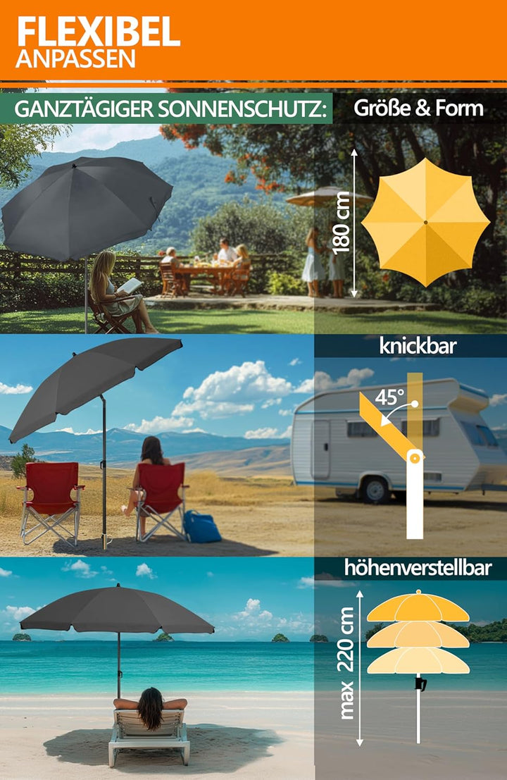 4smile SunnyJoy 3-IN-1 Set mit Sonnenschirm Strand in Anthrazit - Strandschirm windfest stabil 180 c