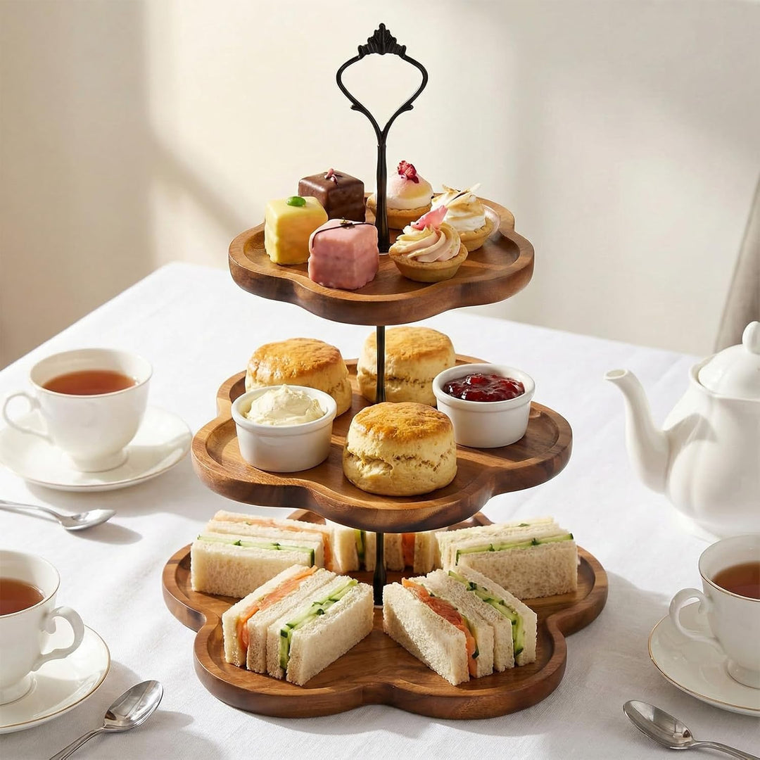 Etagere 3 Etagen Holz, Tortenständer 3 Stöckig, Cupcake Ständer mit Metallgriff, Kuchenständer, Serv