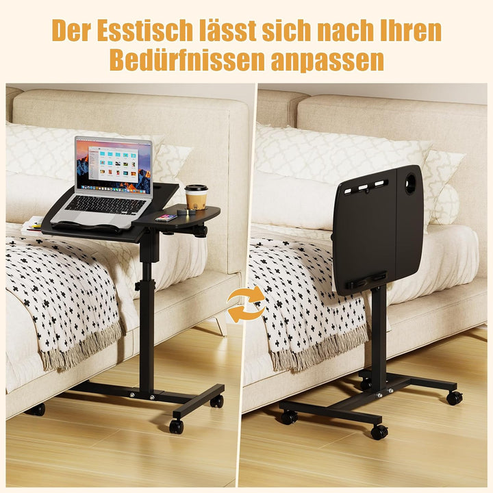 Mobiler Beistelltisch, 60x40cm, Betttisch auf Rollen, Höhenverstellbar 59-89cm, Krankenbett Beistell