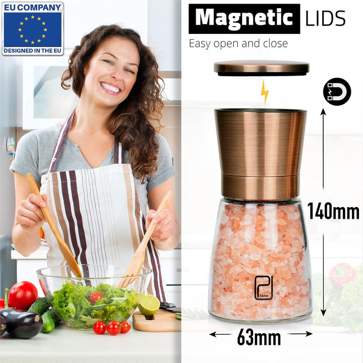 Premium Salz- und Pfeffermühle-Set - Beste kupferfarbige Edelstahl-Mühle, Handliche Magnetdeckel, Ke