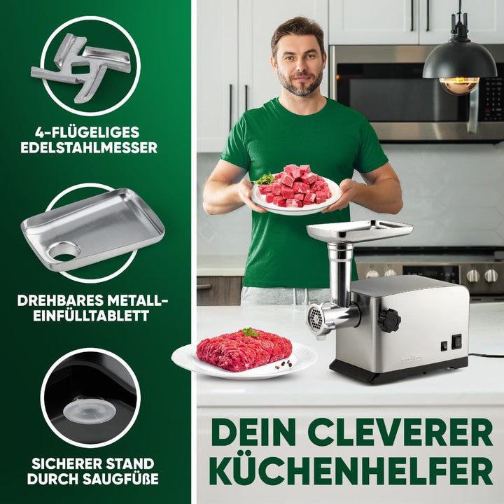 ProfiCook Fleischwolf 1200W | mit Aufsatz für Plätzchen/Spritzgebäck | Fleischwolf elektrisch | 3 Me