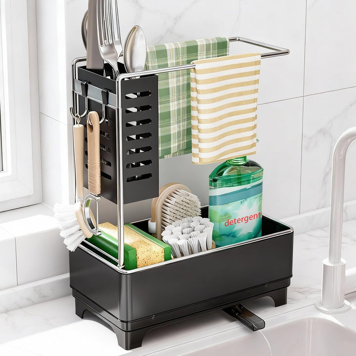 Spülbecken Organizer, Schwarz Küchen Organizer Spüle mit Abflusspfanne & Lappenhalter, Spülutensilie