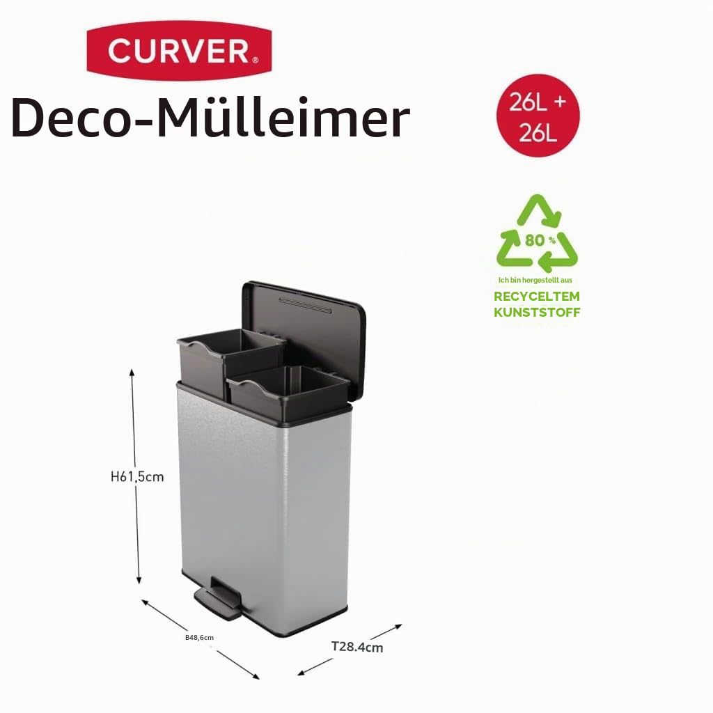 Curver Deco Bin Duo Tretmülleimer, Metallic Silber – Soft-Close-Deckel, 2 herausnehmbare 26L Eimer,