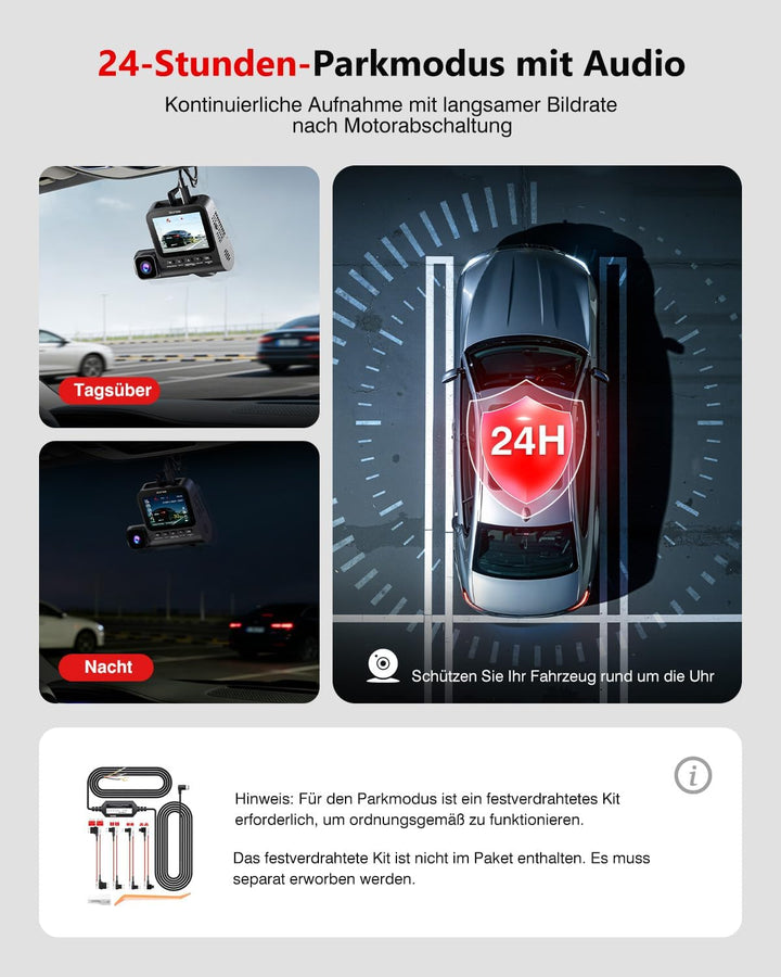 3-Kanal Dashcam Auto Vorne Hinten und Innen mit STARVIS 2 Nachtsicht und HDR, 4k Dashcam Auto APP-St