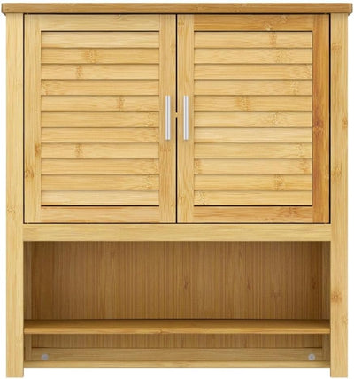 Relaxdays Hängeschrank LAMELL Bambus, mit Handtuchhalter, 3 Ablagen, 2 Türen, Badschrank, HBT: 66 x