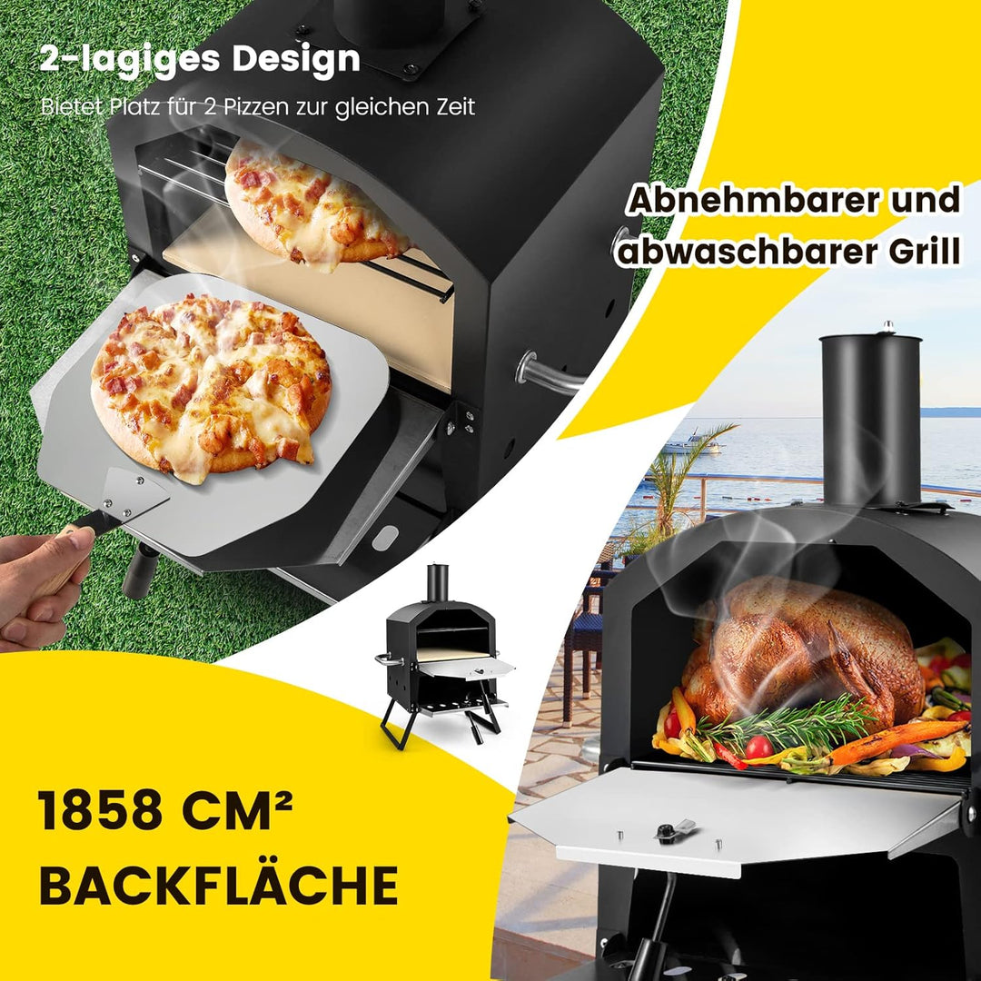 COSTWAY Outdoor Pizzaofen, 2-lagigem Pizza Ofen mit Grillrost, Pizzastein, Pizzaschaufel, wasserdich