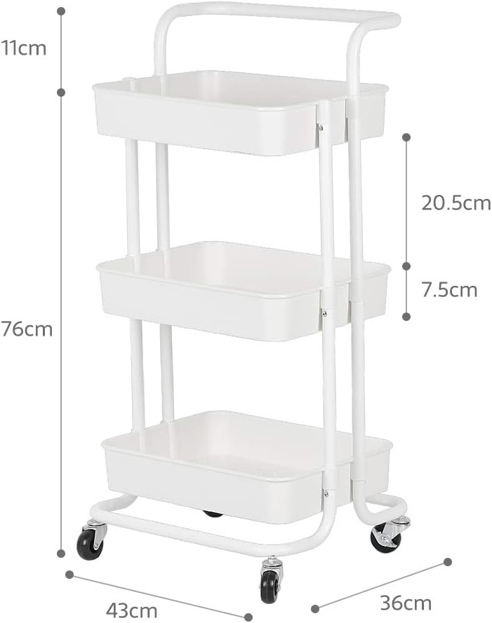 Rollwagen, 3 Etagen, Servierwagen, Küchenwagen für Bad & Büro, Rollregal, Bastelwagen-43 * 36 * 86cm