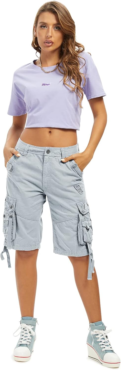 Aeslech Damen Loose Fit Cargo Shorts mit Multi Taschen Baumwolle Bermuda Shorts Casual Sommer Wander