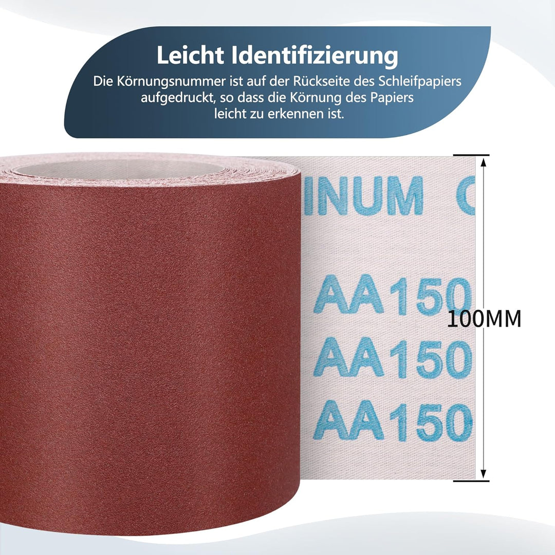 ZEHIQ Schleifpapier Rolle, Schleifpapierrollen Körnung 150, 100 mm x 10 m Schleifleinen Rolle für Ha