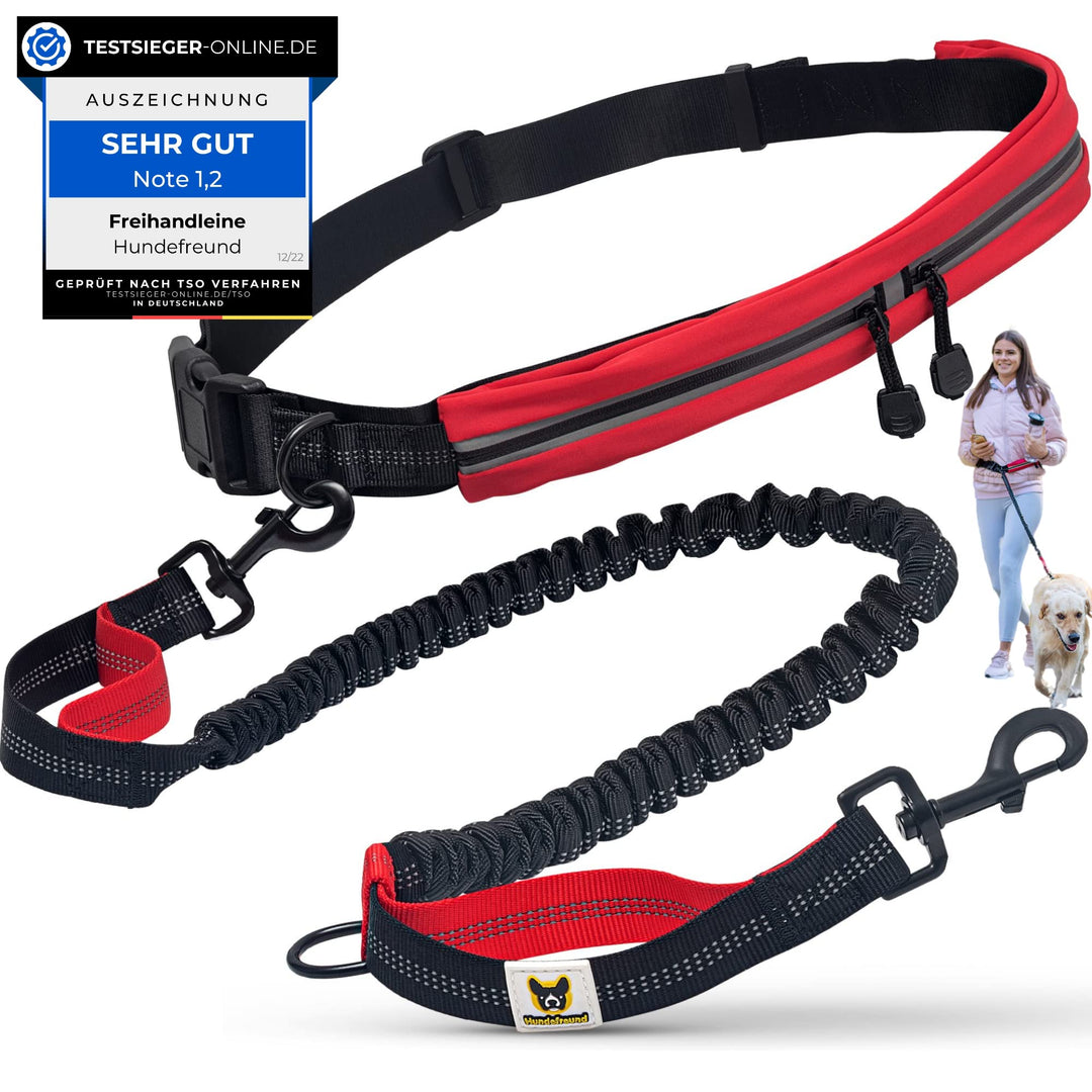 Hundefreund Joggingleine mit Bauchgurt Rot | Laufleine Elastisch Ruckdämpfend Reflektierend für mitt