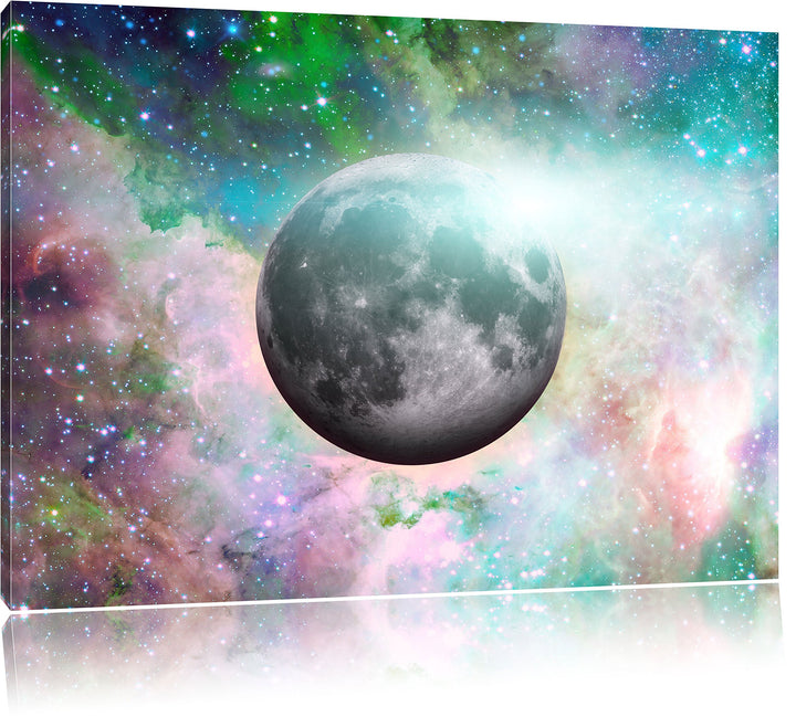 Pixxprint unser Mond im Sternenstaub / 100x70cm Leinwandbild bespannt auf Holzrahmen/Wandbild Kunstd