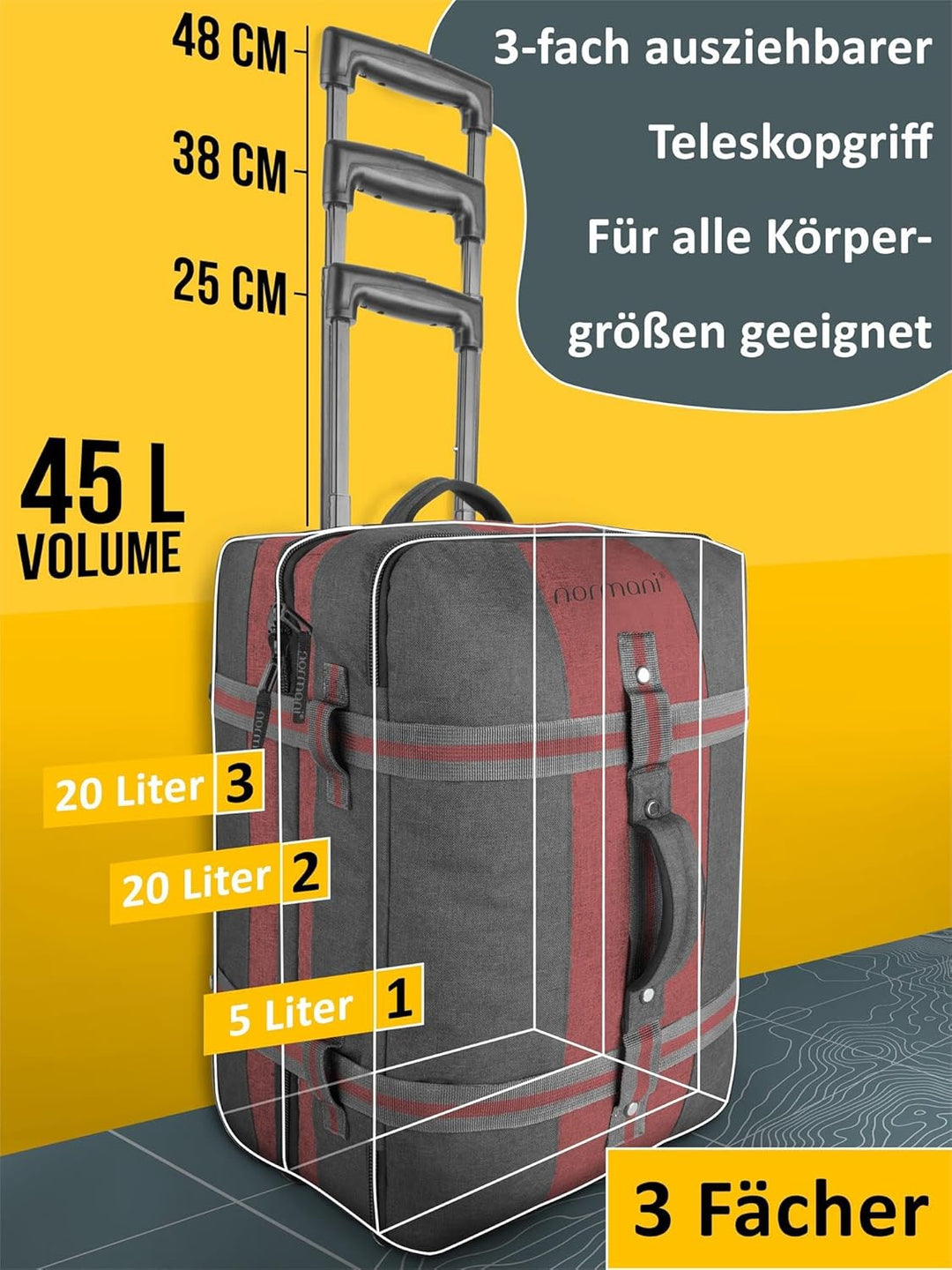 normani Handgepäck Reisetasche Trolley - 45 L (52 x 38 x 20-28 cm) Farbe Dunkelgrau/Rot Dunkelgrau/R