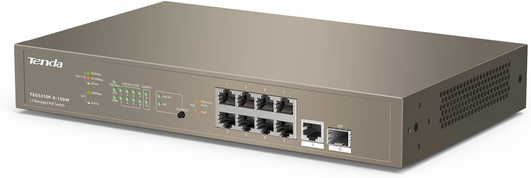 Tenda L3 Managed PoE Switch 10-Port Gigabit LAN Switch mit 8 PoE+ Ports (130W, VLAN, Igmp-Snooping,