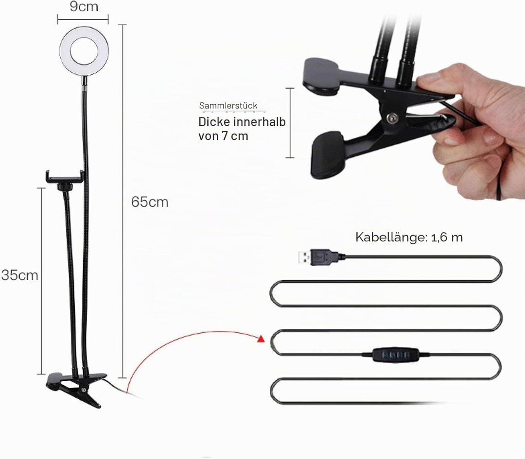 D90DS LED Ringlicht 9cm mit Smartphonehalter - Dimmbare Ringleuchte mit 3 Farbmodi, 10 Helligkeitsst