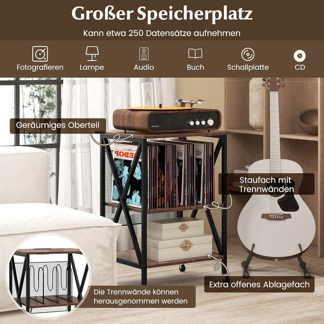 GOPLUS Plattenspieler Ständer, Schallplattenständer mit Ladestation & Rollen, Vinyl-Schallplattenspi