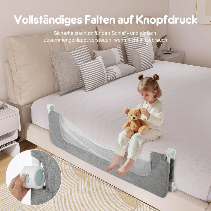 EVINYEP Bett Rausfallschutz Kinder ohne Bohren, 150 cm Zusammenklappbarer Rausfallschutz, Verbessert