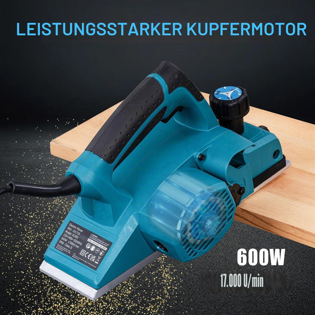 KATSU Tools Elektrohobel, 600 W, handgeführter, kabelgebundener Holzhobel, 82 mm Hobelbreite, 2 mm S
