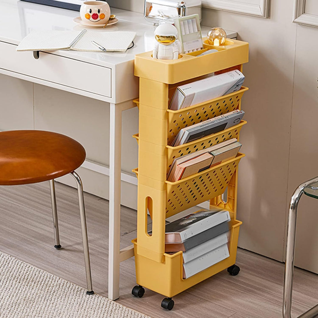 WINARA Abnehmbarer Mobiler Bücherregalwagen mit 5 Ebenen und Rollen, Bücherwagen mit 3 Flachen Regal