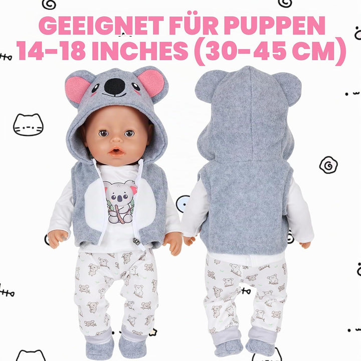 4 Stück Puppenkleidung für 14-18 Zoll Puppen, Tier Koala Kleidung Outfits 43cm mit Kapuzenweste Klei