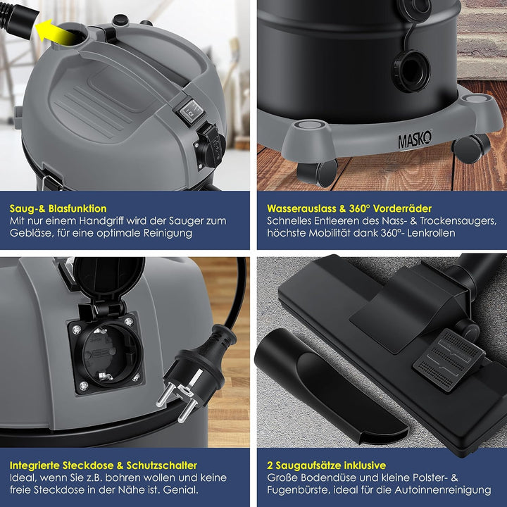 MASKO® 6IN1 Industriestaubsauger Staubsauger Nass Trocken Sauge Aschesauger 2300W + Steckdose✓ Blasf