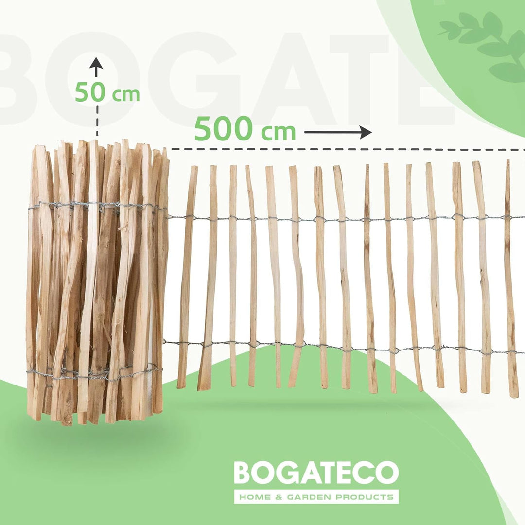 BOGATECO Staketenzaun Haselnuss Kastanie | Holz-Zaun 50 cm Hoch & 500 cm Lang | Lattennabstand 7-8 c