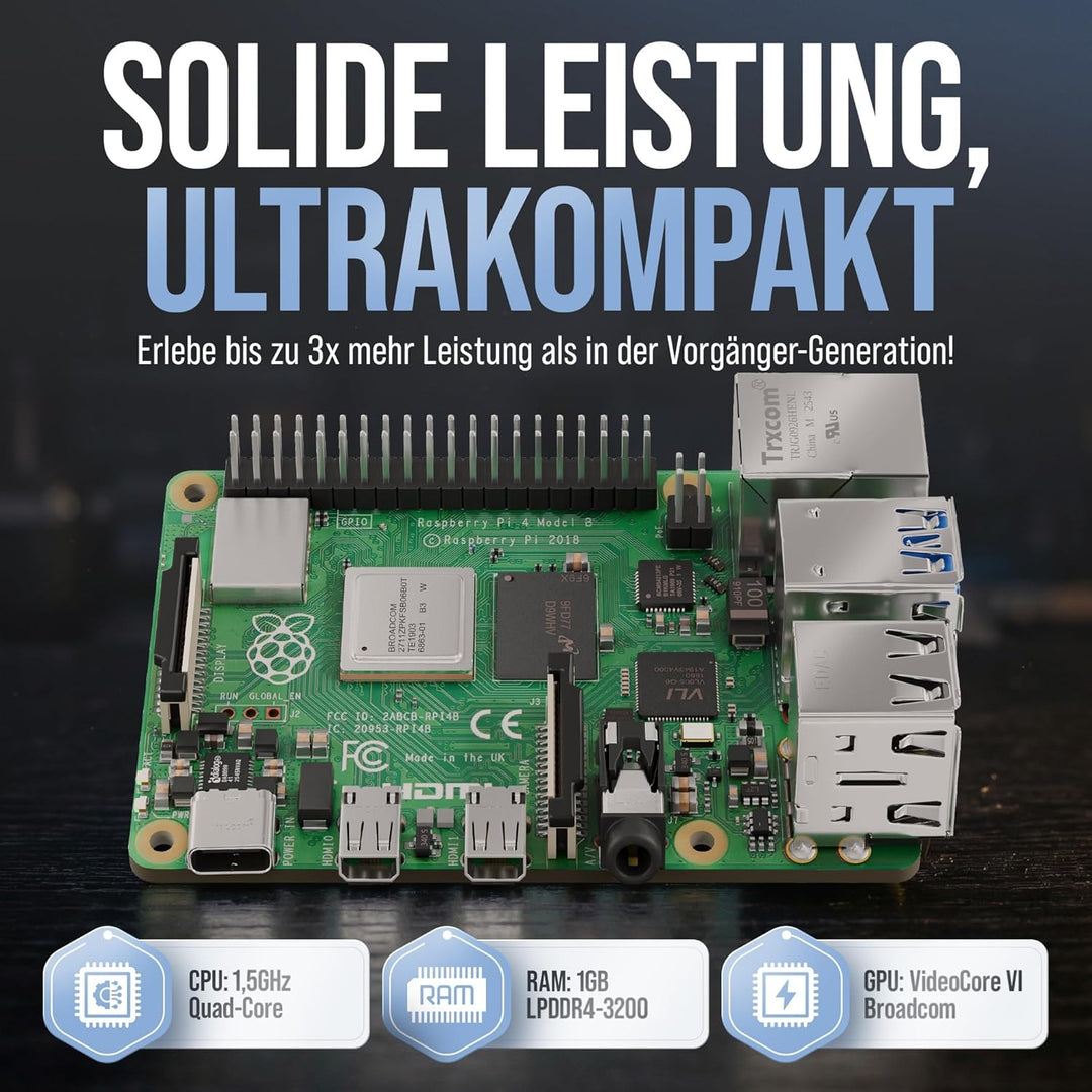 Raspberry Pi 4 1GB Starter Set | 64GB Edition | Netzteil 15W | Gehäuse rot/weiss | 4k Micro HDMI Kab