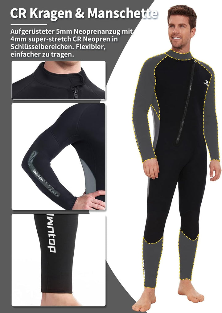 Owntop 5mm Neoprenanzug für Herren Damen– Neopren Tauchanzüge Stretch Langarm Einteilig Frontreissve