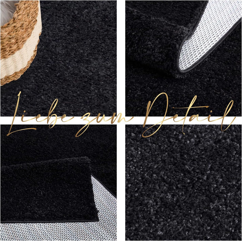 payé Teppich Wohnzimmer Hochflor Shaggy - 150x150cm - Schwarz Einfarbig Uni Flauschig Modern Boho De