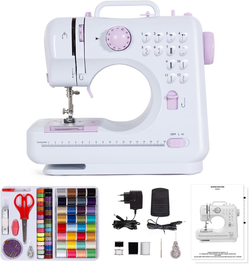 Todeco Nähmaschine für Anfänger und Kinder, 12 Stichmuster, Nähmaschine Klein mit Fusspedal Nählicht