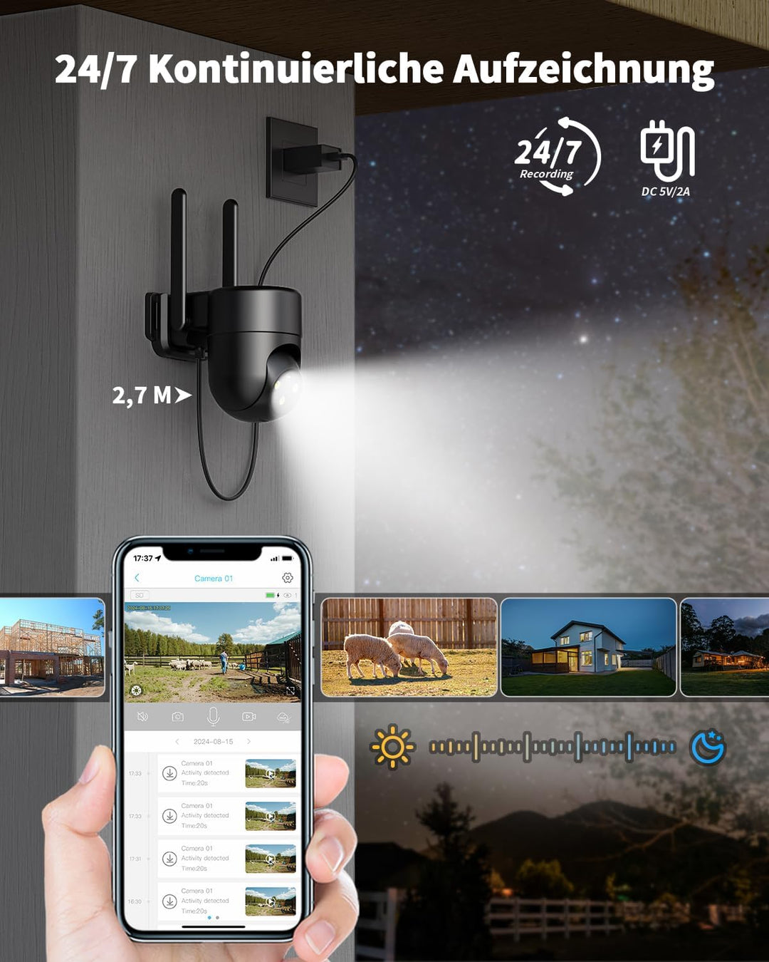 24/7 Aufzeichnung 4G LTE Überwachungskamera Aussen mit SIM Karte, Outdoor Kamera Überwachung Ohne WL