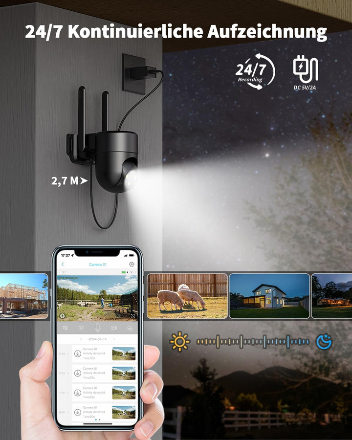 24/7 Aufzeichnung 4G LTE Überwachungskamera Aussen mit SIM Karte, Outdoor Kamera Überwachung Ohne WL