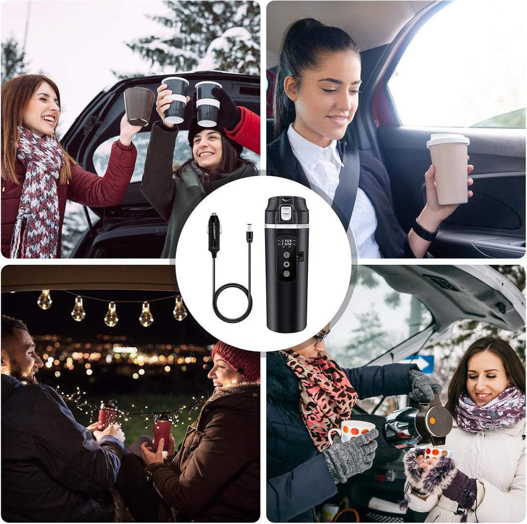 PORFOYO Wasserkocher Für Auto Reisebecher 24V/12V Elektrischer Wasserkocher 500ml Schwarz Edelstahl