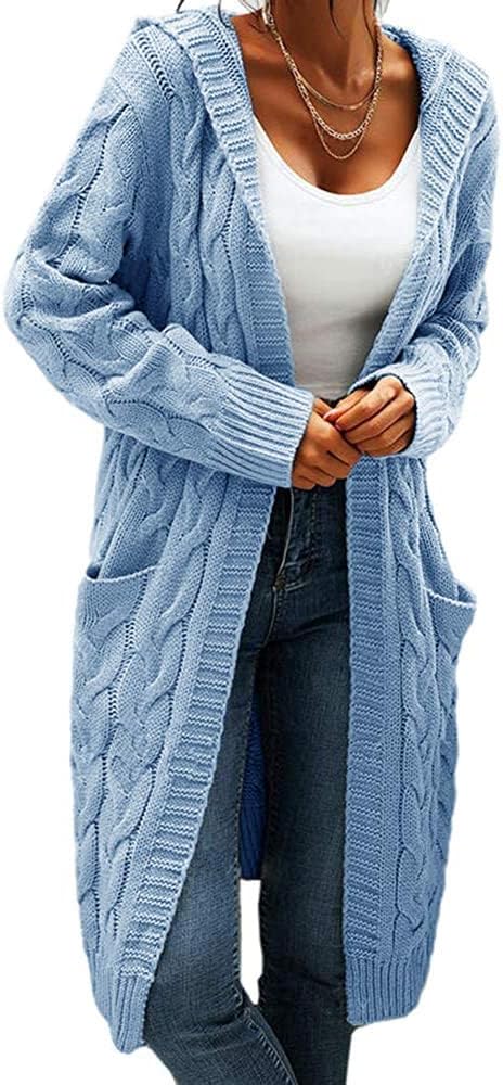 GeGekoko Strickjacke Damen mit Kapuze Langarm Grobstrick-Cardigan Open Front Sweater Herbst Winter C