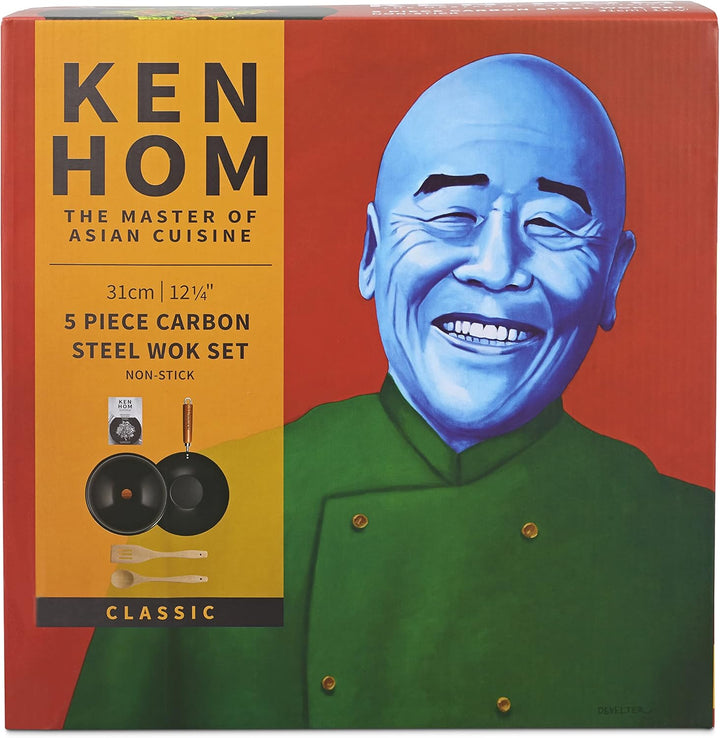 Ken Hom KH331051 Carbonstahl Wokpfanne Set, 31cm, Classic, Nicht-Induktion/Holzgriff/Pfanne mit Flac