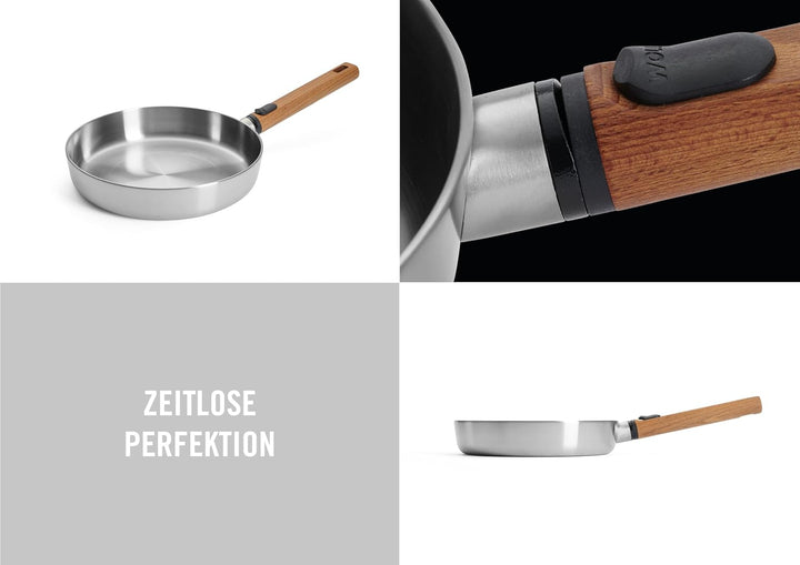 Woll Logic Steel Flachpfanne - Induktiv -, Ø 24 cm, 5 cm hoch mit abnehmbarem nachhaltigem Holzstiel
