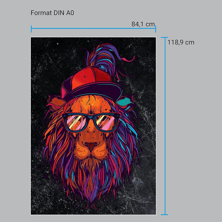 wandmotiv24 Poster als Wanddeko, Grösse Din A0, Funky Löwe, Marmor, bunt, Cap, Mütze, Brille, Nerd,