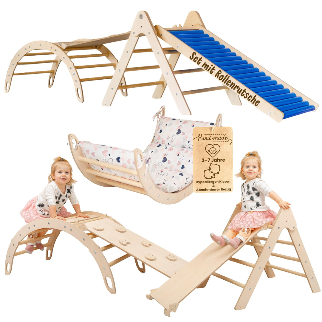 WoodsCraft 4in1 Set: Kletterdreieck mit Rutsche Indoor/Klettern Rampe, Rollenrutsche & Kletterbogen