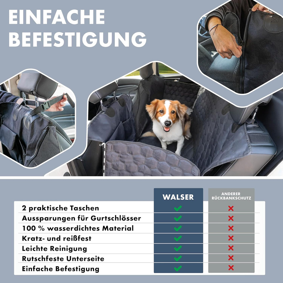 Walser Premium Auto Hundedecke Rocky, 100% wasserdichte Rücksitz Autoschondecke inkl. Seitenschutz u